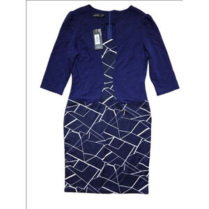 Navy Geometric Midi Sheath Dress with Three-Quarter Sleeves